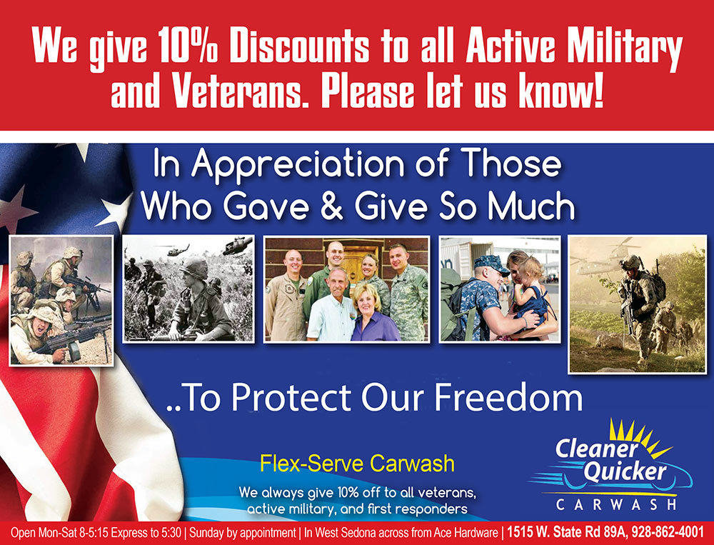 At Cleaner Quicker Car Wash in Sedona AZ, we give 10% discounts to veterens and active military personnel.